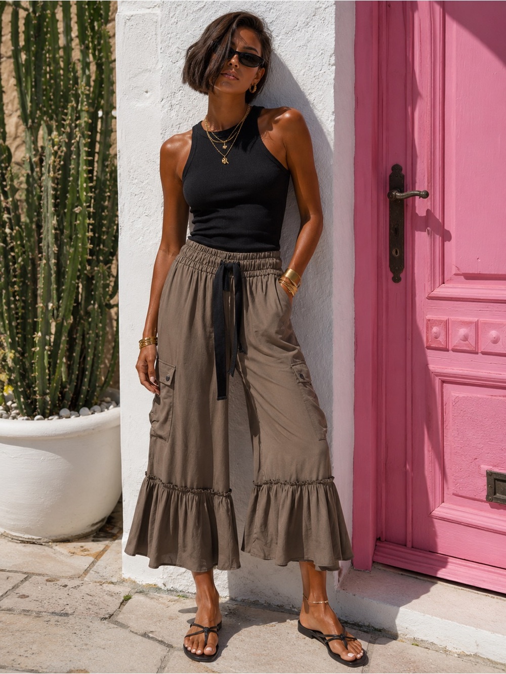 CINQ A SEPT Priscilla Satin Cropped Ruffle Hem Cargo Pants Olive Green Size L